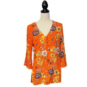 Sunny Leigh Orange Floral Tunic with Flared Sleeves Sz M fits like 8-10